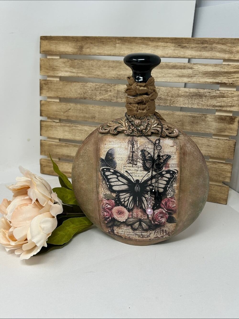 Butterfly Floral Decorative Bottle - Pink & Black Accents